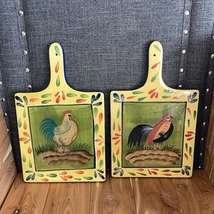 2 Rooster Hanging Trivets Style Eyes Baum Bros Ceramic Vintage Pottery Farmhouse